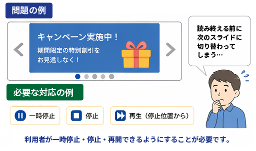 スライダー(カルーセル)で色々な情報が一定間隔で表示されているが、読んでいるうちに次のスライドに変わってしまう。止められるようにすることが必要であることが示されている。